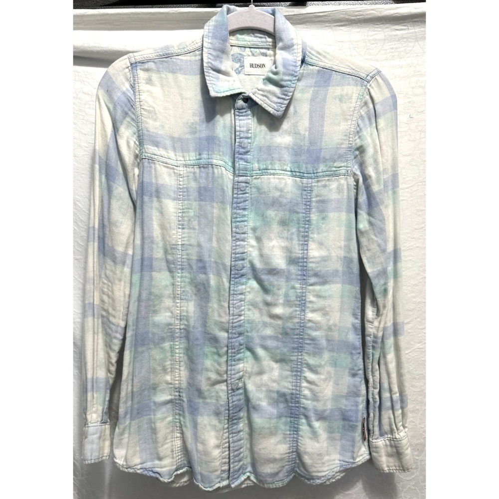 Hudson Women's Size Small Light Blue & White Snap Front Cotton Plaid Shirt